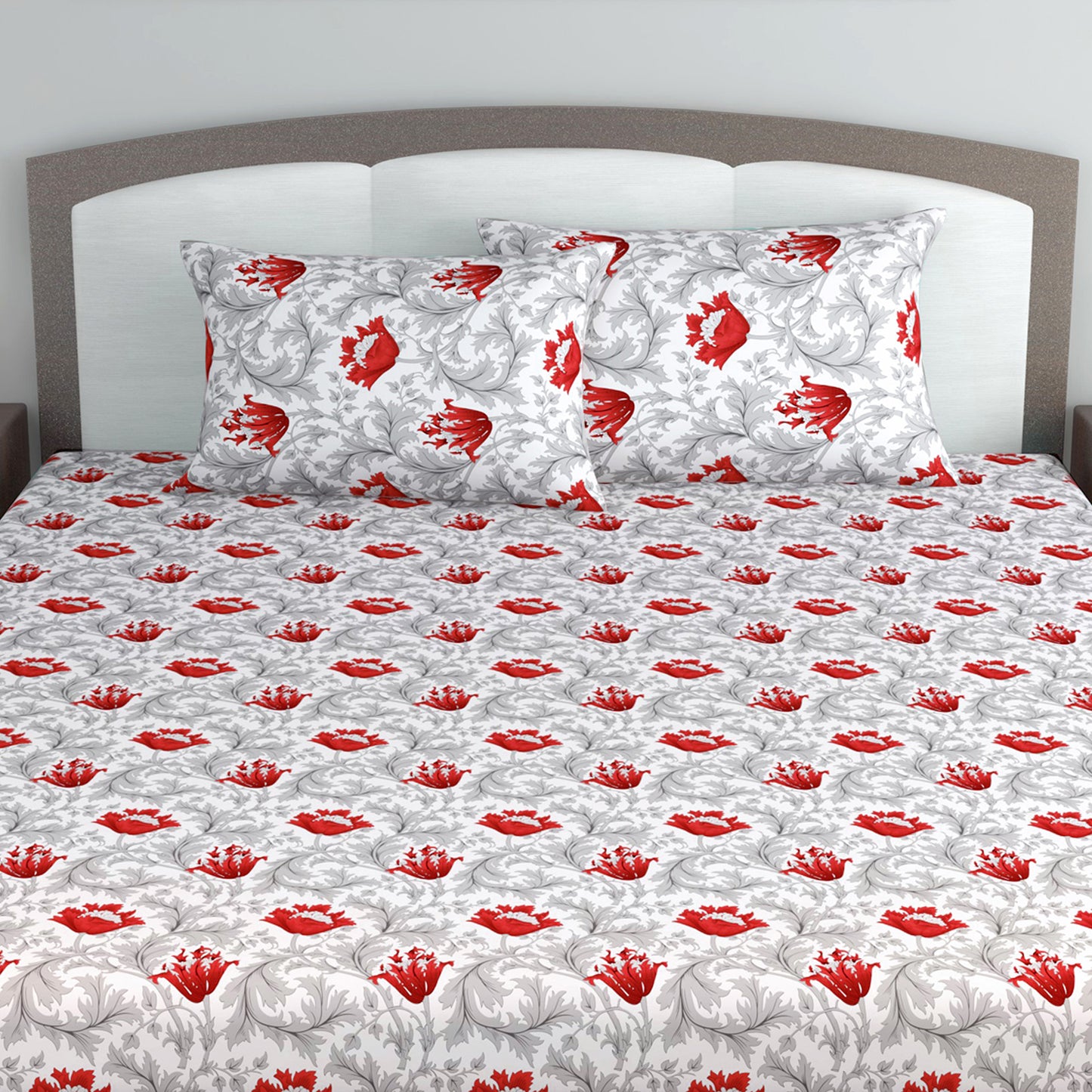 Tulip Floral 100% Cotton Bedsheet for King Size Bed - Grey and Red