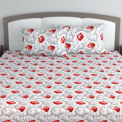 Tulip Floral 100% Cotton Bedsheet for King Size Bed - Grey and Red