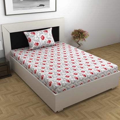 Tulip Floral 100% Cotton Bedsheet for Single Bed - Grey and Red