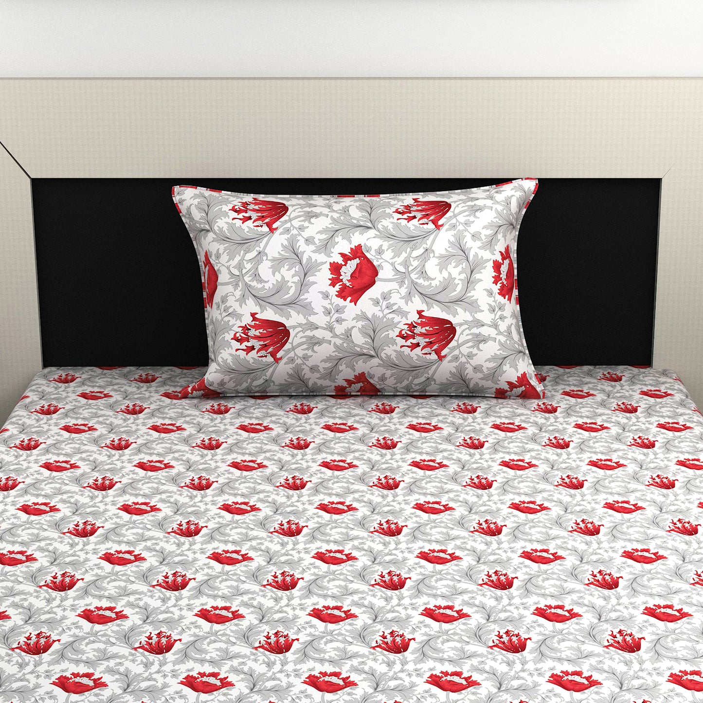 Tulip Floral 100% Cotton Bedsheet for Single Bed - Grey and Red