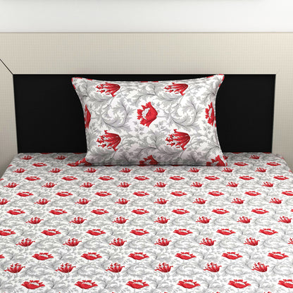 Tulip Floral 100% Cotton Bedsheet for Single Bed - Grey and Red