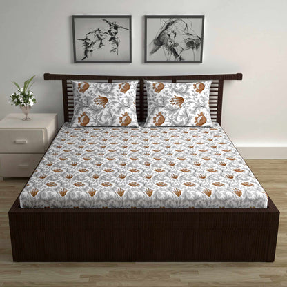 Tulip Floral Grey and Brown Bedsheet for Double Bed- 100% Cotton
