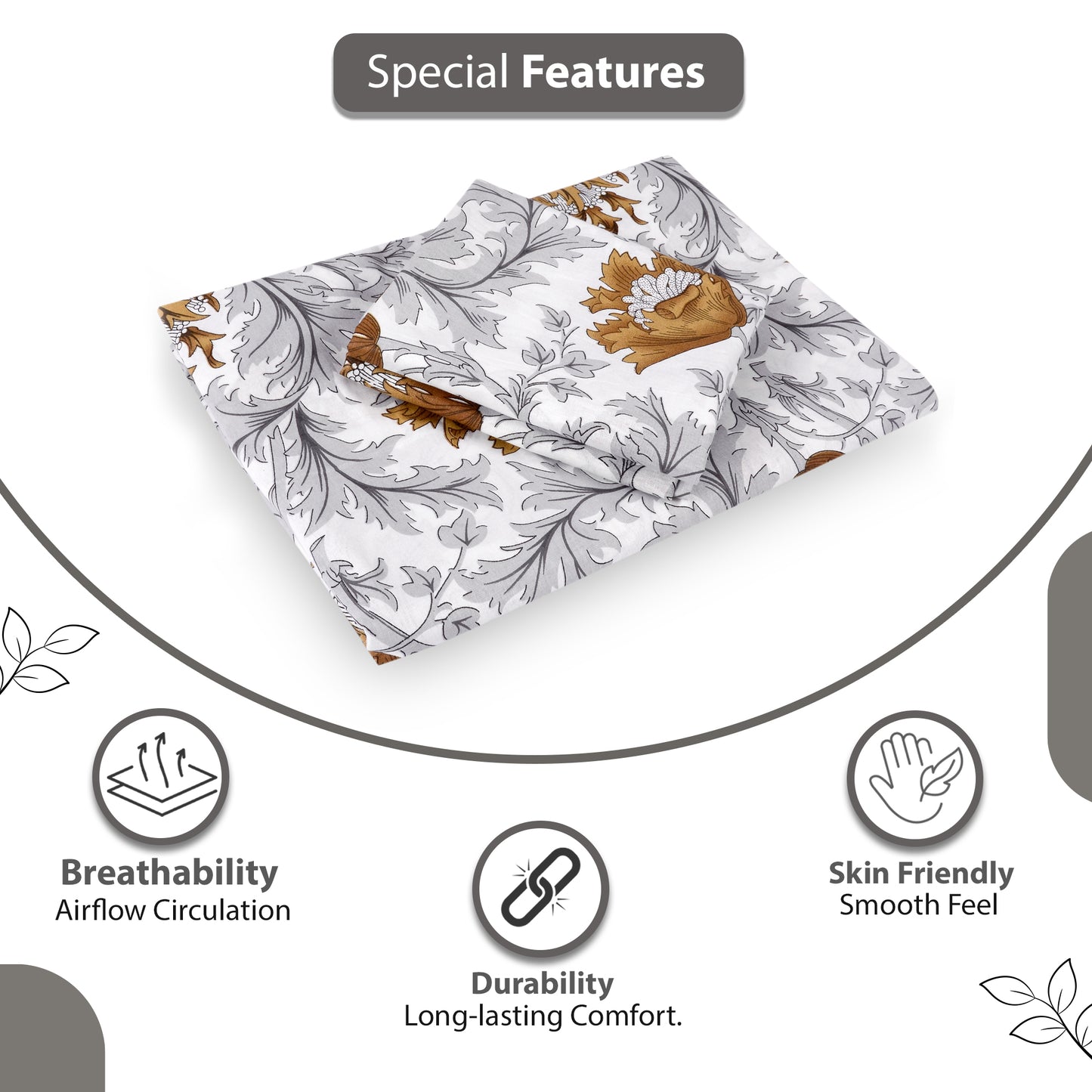 Tulip Floral Grey and Brown Bedsheet for Single Bed - 100% Cotton