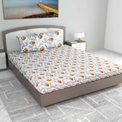 Tulip Floral  Grey and Brown Bedsheet for King Size Bed- 100% Cotton