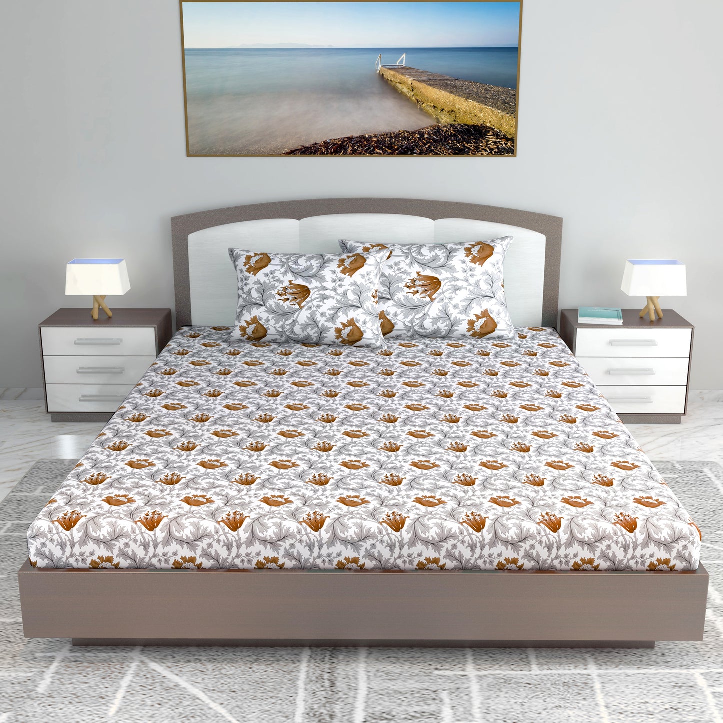 Tulip Floral  Grey and Brown Bedsheet for King Size Bed- 100% Cotton