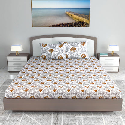 Tulip Floral  Grey and Brown Bedsheet for King Size Bed- 100% Cotton