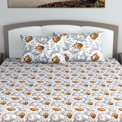 Tulip Floral  Grey and Brown Bedsheet for King Size Bed- 100% Cotton