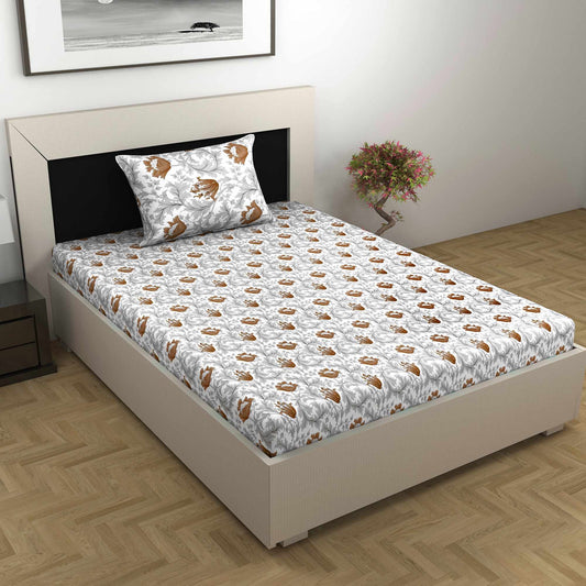 Tulip Floral Grey and Brown Bedsheet for Single Bed - 100% Cotton