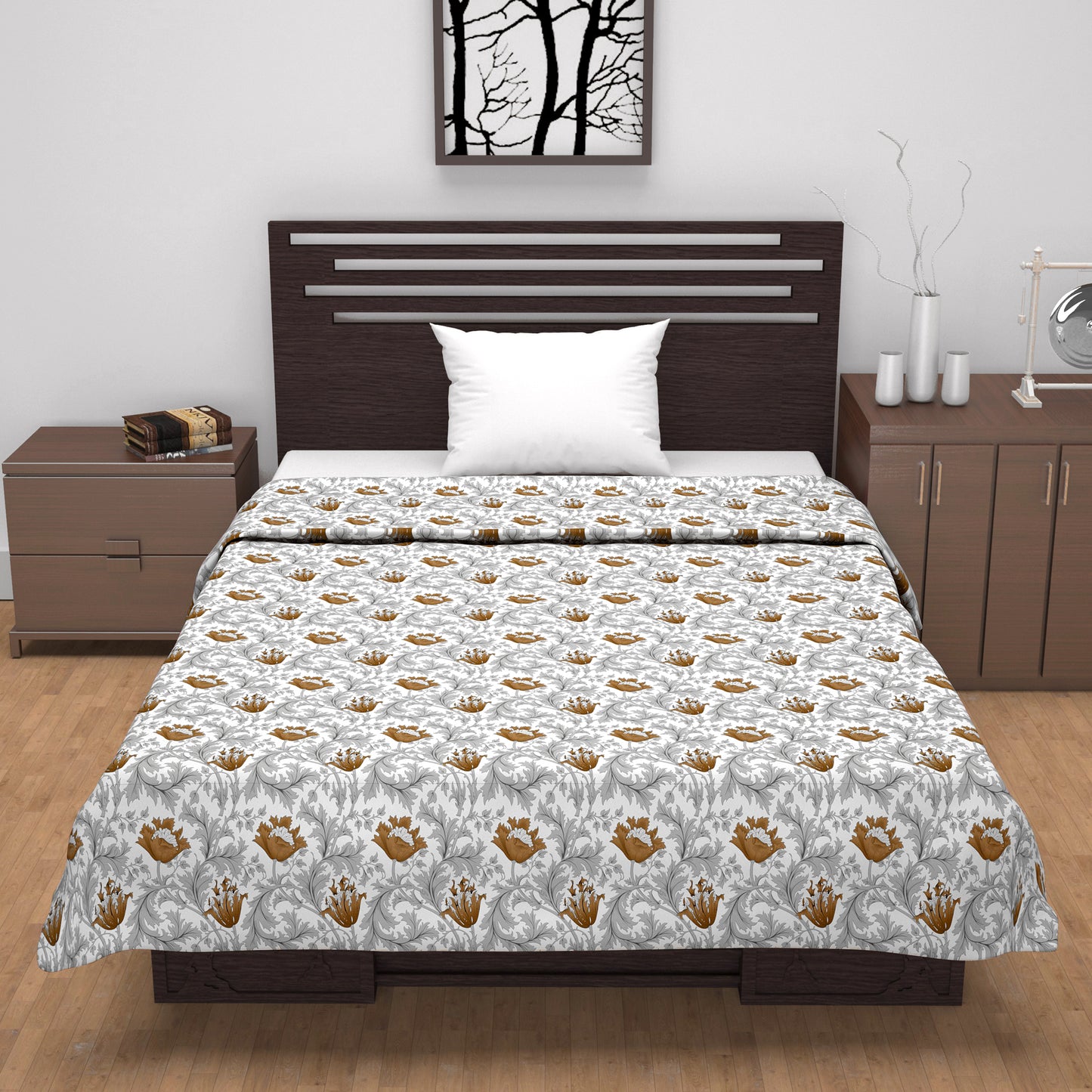 Tulip Floral Grey and Brown Silky Touch Dohar for Single Bed