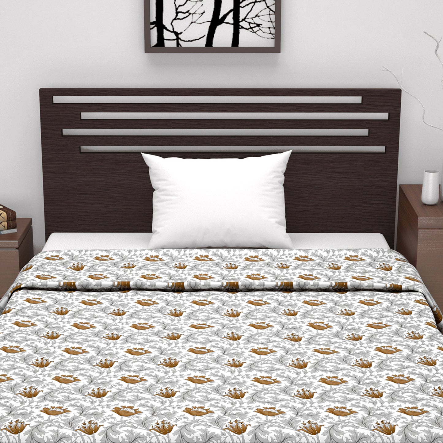 Tulip Floral Grey and Brown Silky Touch Dohar for Single Bed