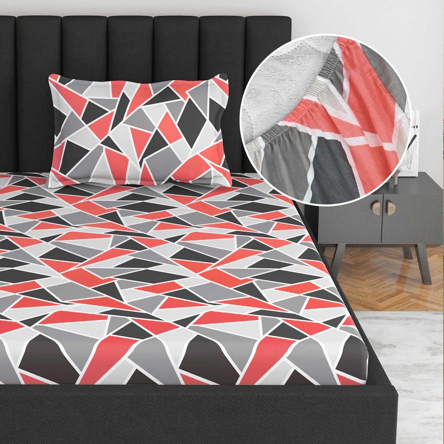 Triangle Red and Grey Print Single Fitted Bedsheet