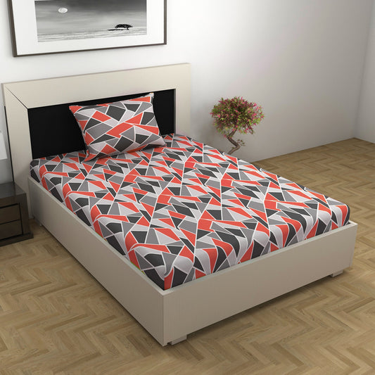 Triangle Red and Grey Print Bedsheet For Single Bed