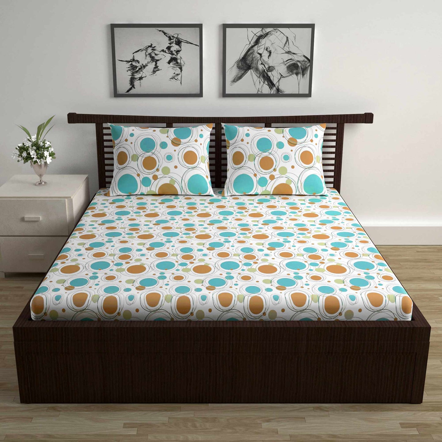 Doodle Round 100% Cotton Bedsheet for Double Bed - Multicolor