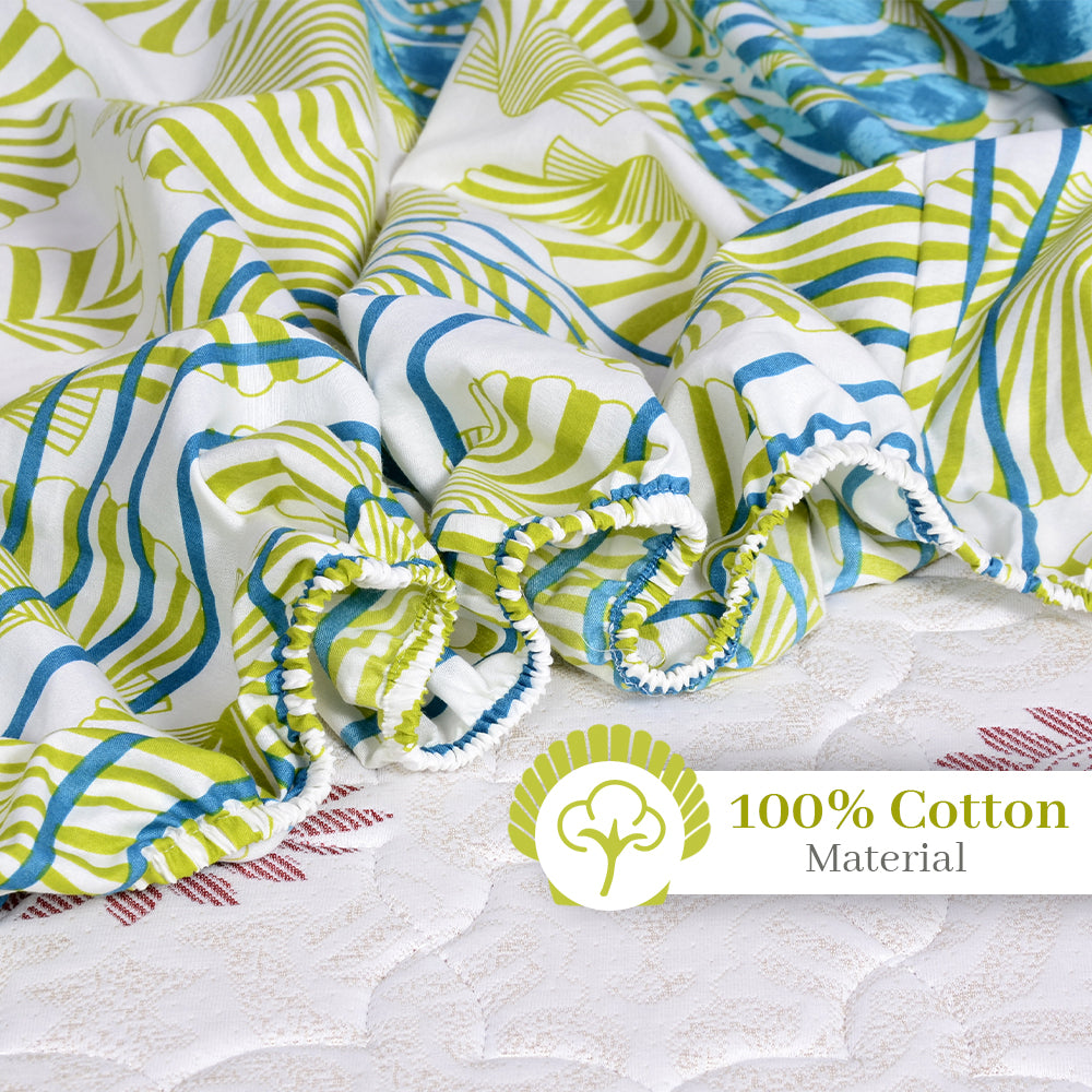 Ocean Green Floral Elastic Fitted Bedsheet For Double Bed
