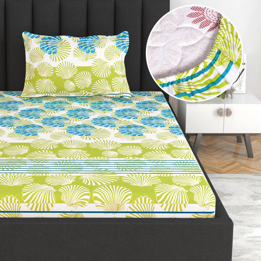 Neutral Floral Green Blue Elastic Fitted Bedsheet For Single Bed