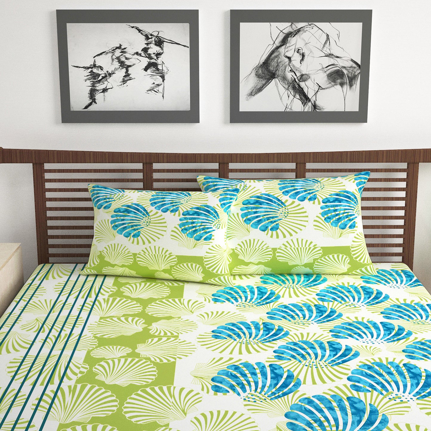 Green and Blue Floral Print Combo Set of 2 Bedsheet for Double Bed