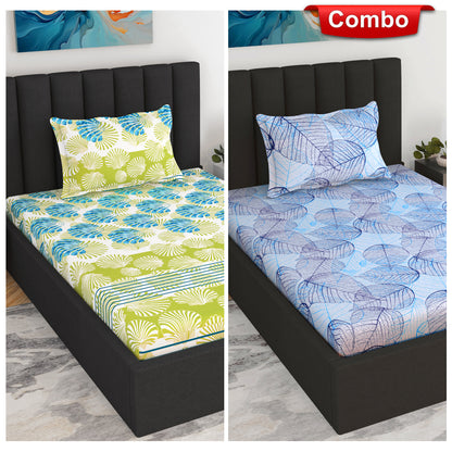 Green and Blue Floral Print Elastic Fitted Combo Bedsheet For Single Bed