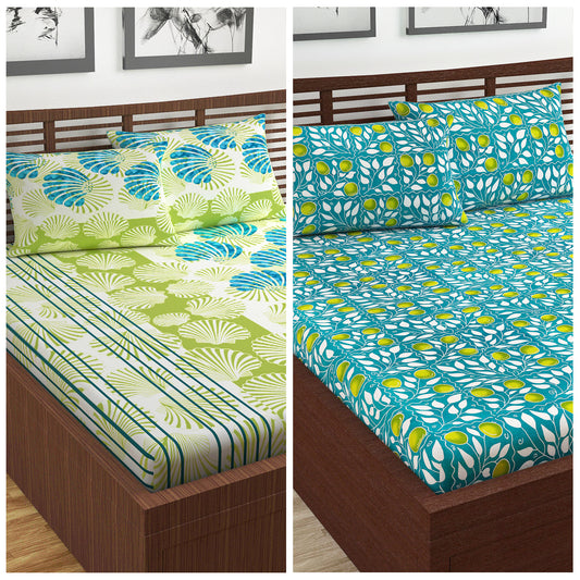 Green and Blue Floral Print Combo Set of 2 Bedsheet for Double Bed