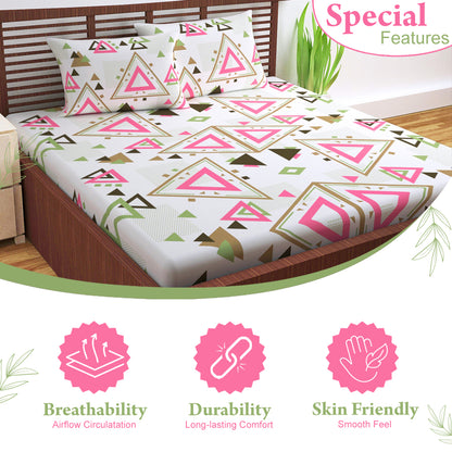 Pink Olive Geometric 144 TC Polycotton Single Bedsheet With 1 Pillowcover