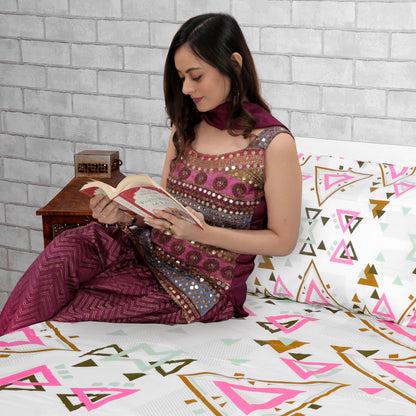 Pink Olive Geometric 144 TC Polycotton Single Bedsheet With 1 Pillowcover