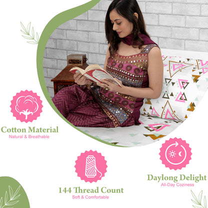 Pink Olive Geometric 144 TC Polycotton Single Bedsheet With 1 Pillowcover