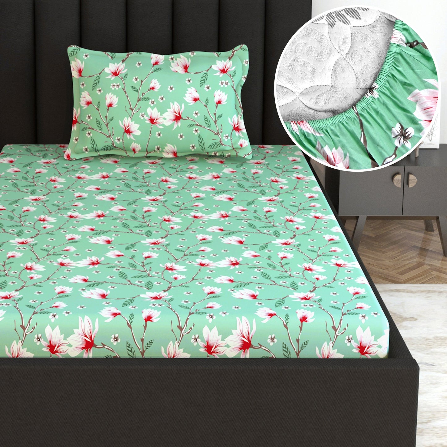 Blossom Haven Mint Deep Pocket Elastic Fitted Bedsheet For Single Bed