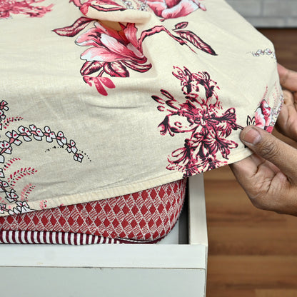 Sky Blue Mist Floral 144 TC Cotton King Fitted Bedsheet With 2 Pillowcovers