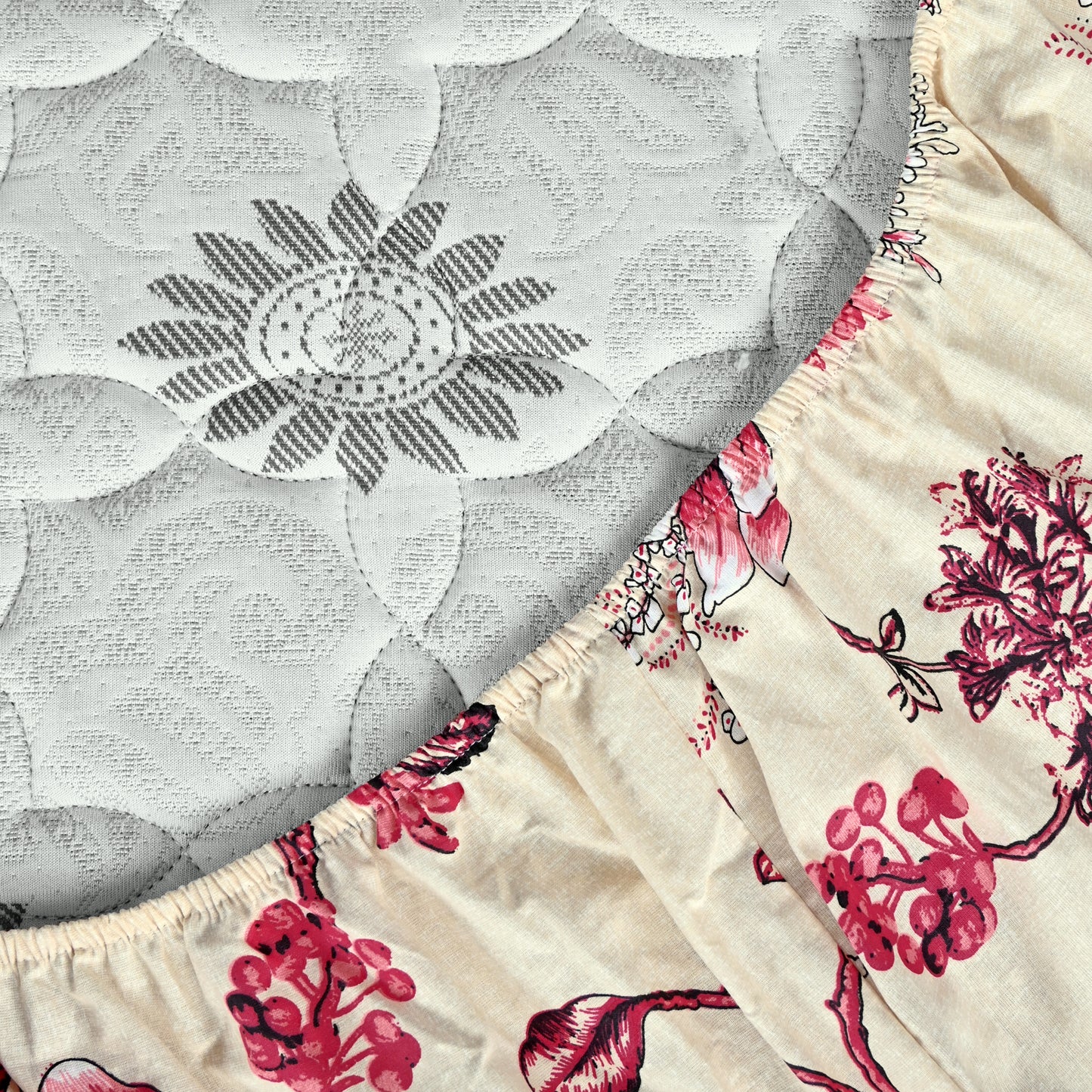 Sky Blue Mist Floral 144 TC Cotton King Fitted Bedsheet With 2 Pillowcovers