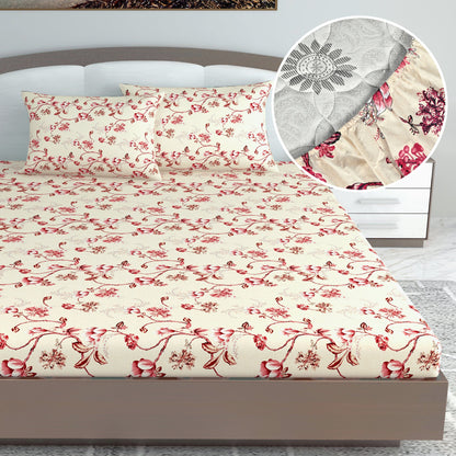 Sky Blue Mist Floral 144 TC Cotton King Fitted Bedsheet With 2 Pillowcovers