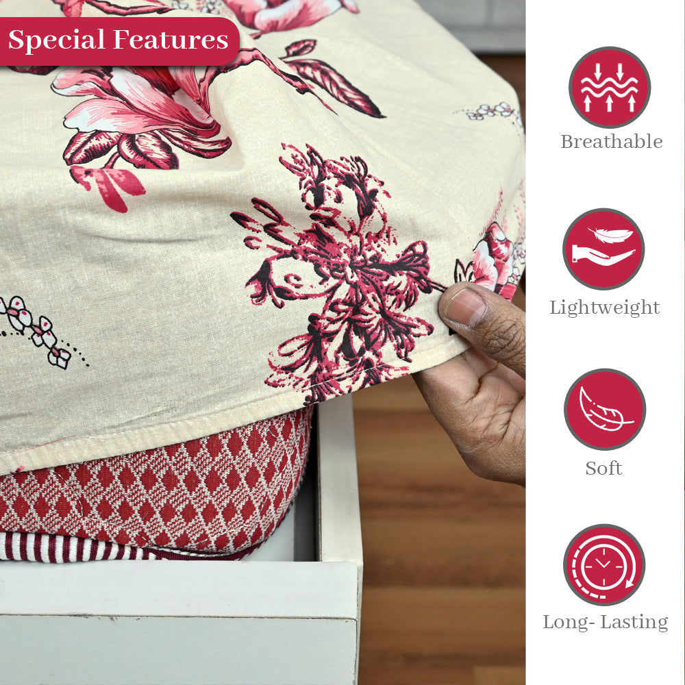 Sky Blue Mist Floral 144 TC Cotton King Fitted Bedsheet With 2 Pillowcovers