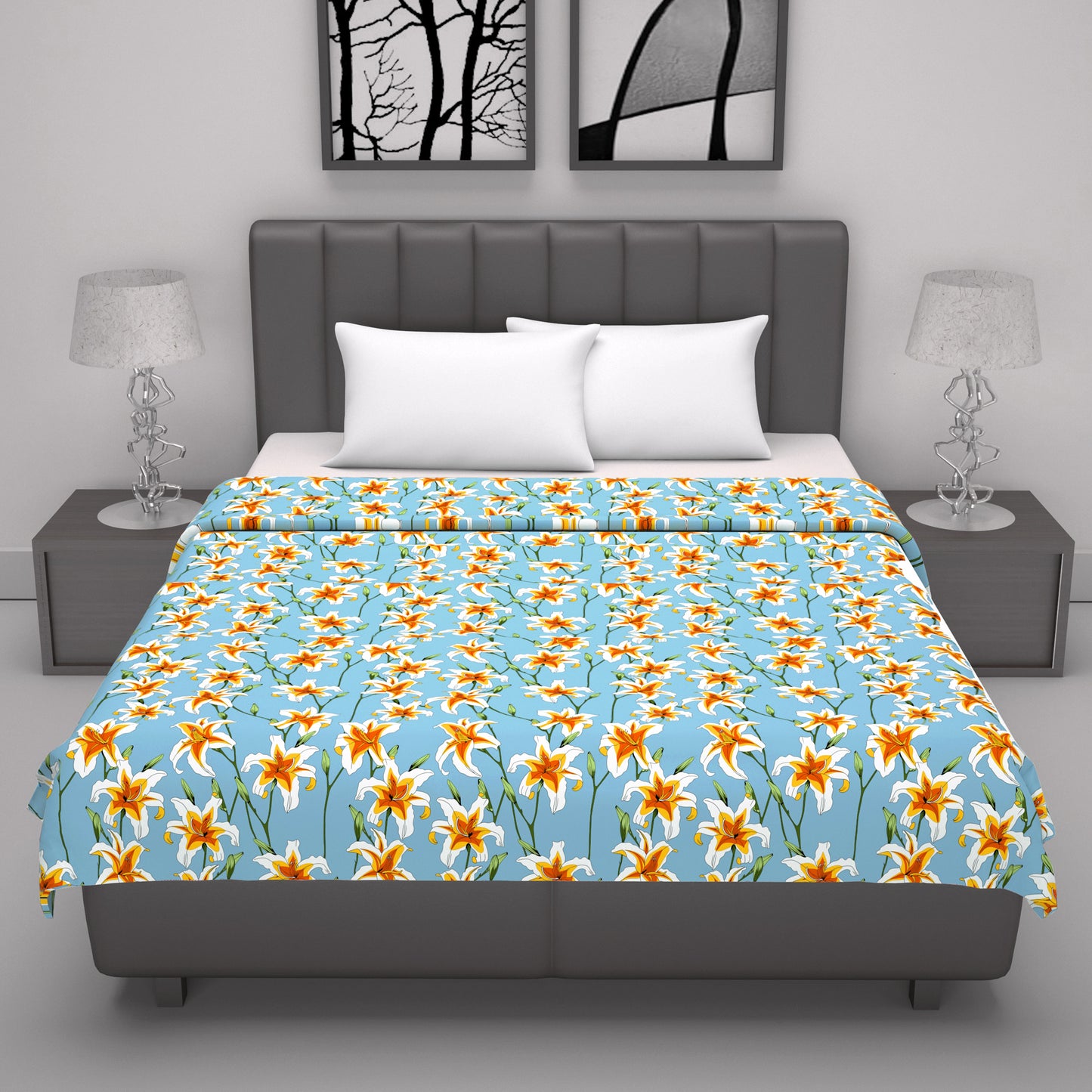 Soft Sky Blue Floral Double Bed Dohar – 120 GSM Cotton