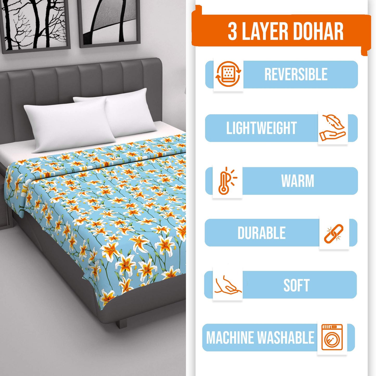 Soft Sky Blue Floral Double Bed Dohar – 120 GSM Cotton