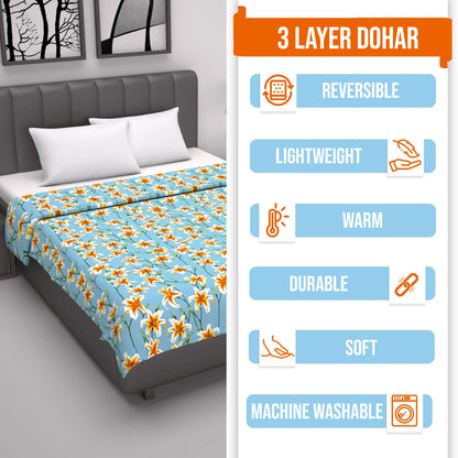 Soft Sky Blue Floral Double Bed Dohar – 120 GSM Cotton