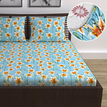 Soft Sky Blue Floral 144 TC Cotton Double Fitted Bedsheet With 2 Pillowcovers