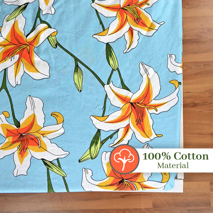 Soft Sky Blue Floral 144 TC Cotton Double Fitted Bedsheet With 2 Pillowcovers