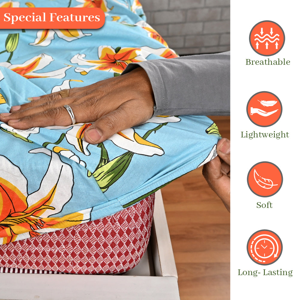 Soft Sky Blue Floral 144 TC Cotton Double Fitted Bedsheet With 2 Pillowcovers