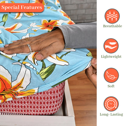 Soft Sky Blue Floral 144 TC Cotton Double Fitted Bedsheet With 2 Pillowcovers