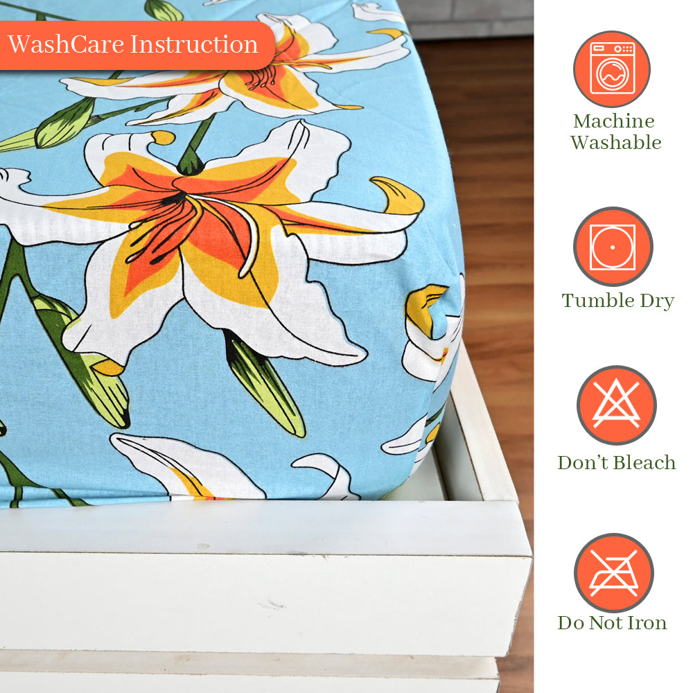 Soft Sky Blue Floral 144 TC Cotton Double Fitted Bedsheet With 2 Pillowcovers