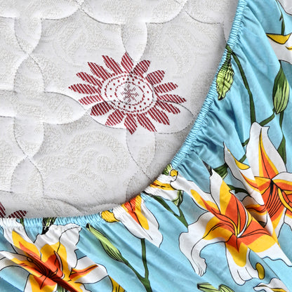 Soft Sky Blue Floral 144 TC Cotton Double Fitted Bedsheet With 2 Pillowcovers