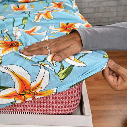 Soft Sky Blue Floral 144 TC Cotton Double Fitted Bedsheet With 2 Pillowcovers