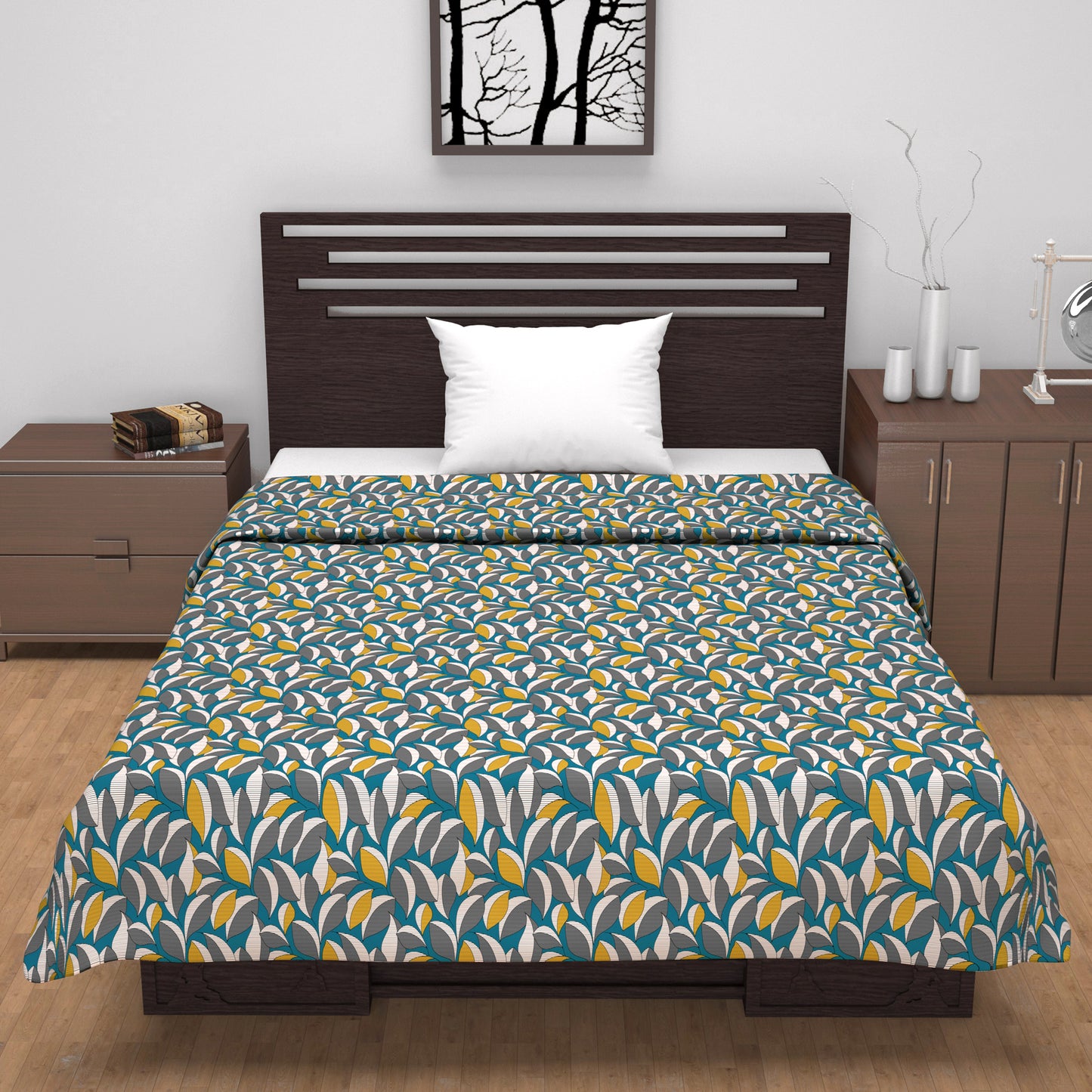 Woody Petals Rustic Blue And Grey Floral Single Cotton Dohar – 144 TC Cotton