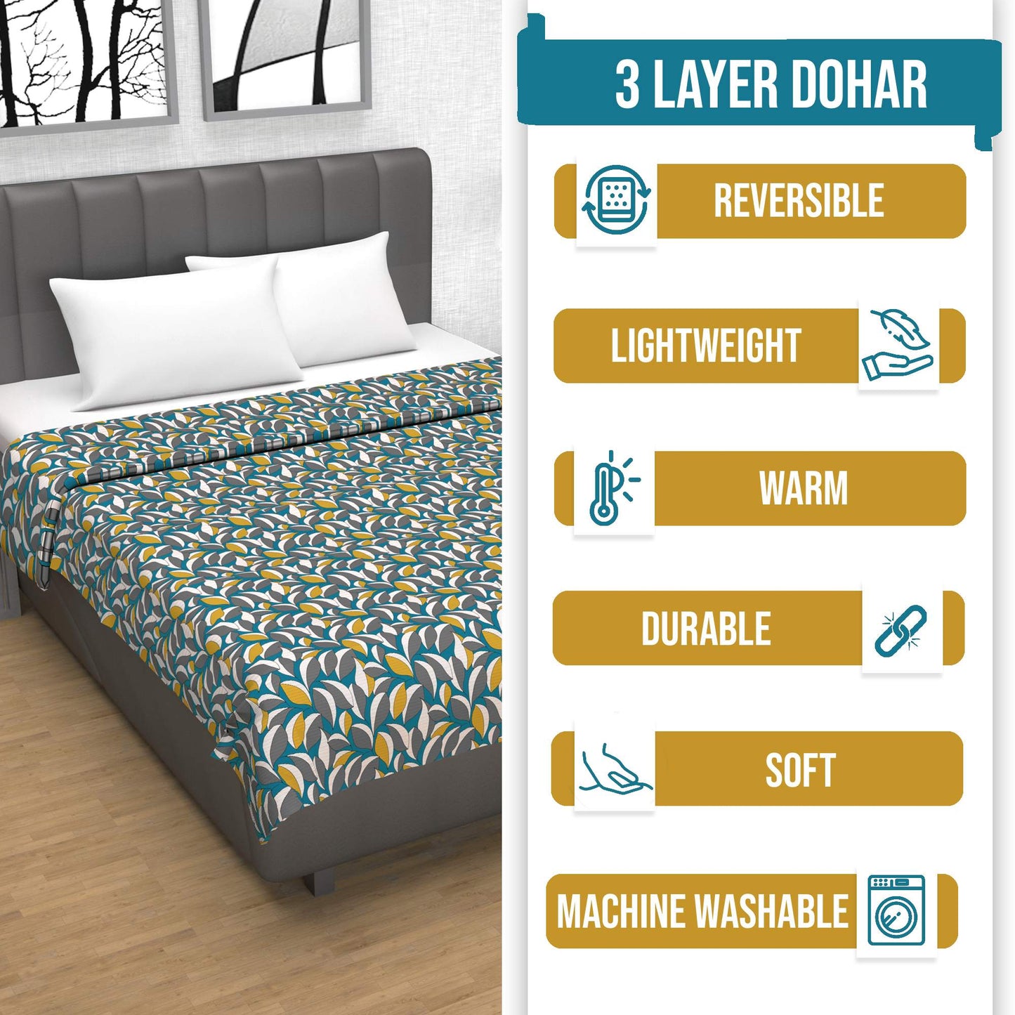 Woody Petals Rustic Blue And Grey Floral Single Cotton Dohar – 144 TC Cotton