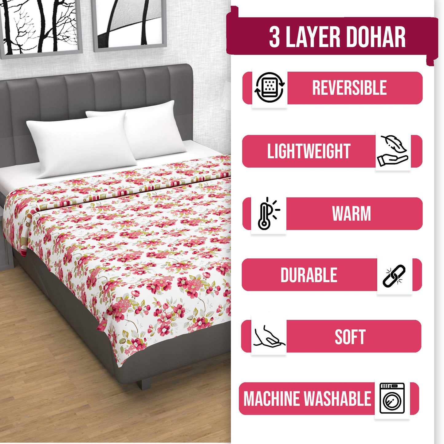 120 GSM Blush Pink Floral Cotton Single Bed Dohar