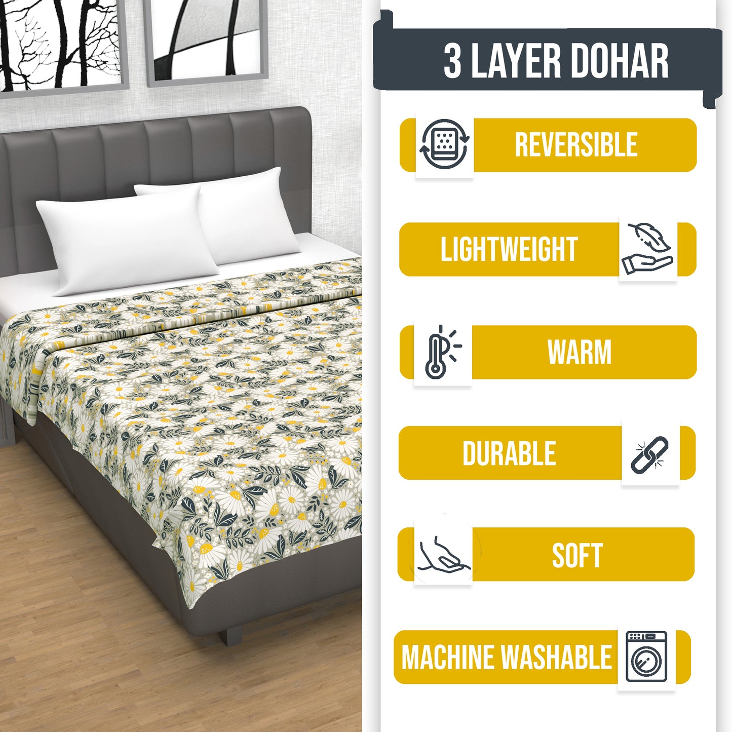Classic Yellow Floral Double Bed Dohar – 120 GSM Cotton