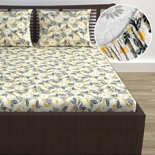 Classic Yellow Floral 144 TC Cotton Double Fitted Bedsheet With 2 Pillowcovers