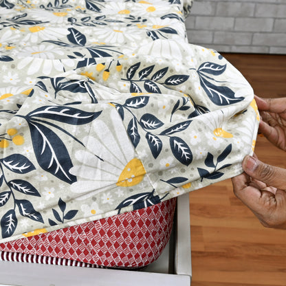 Classic Yellow Floral 144 TC Cotton Double Fitted Bedsheet With 2 Pillowcovers