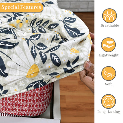 Classic Yellow Floral 144 TC Cotton Double Fitted Bedsheet With 2 Pillowcovers