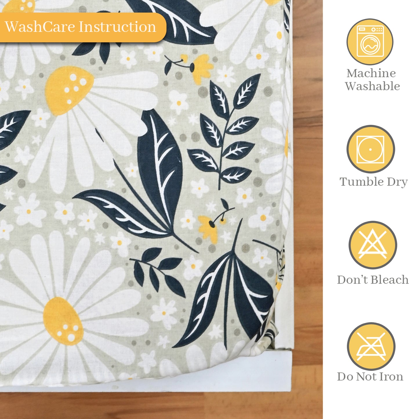 Classic Yellow Floral 144 TC Cotton Double Fitted Bedsheet With 2 Pillowcovers