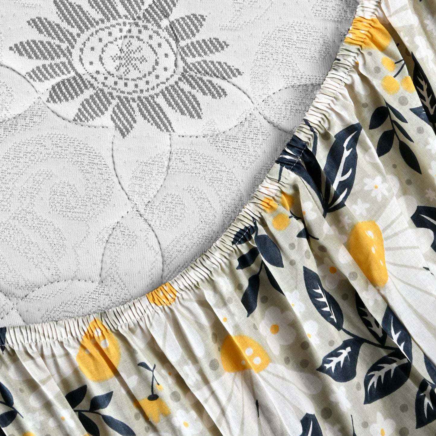 Classic Yellow Floral 144 TC Cotton Double Fitted Bedsheet With 2 Pillowcovers