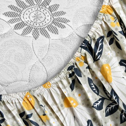 Classic Yellow Floral 144 TC Cotton Double Fitted Bedsheet With 2 Pillowcovers